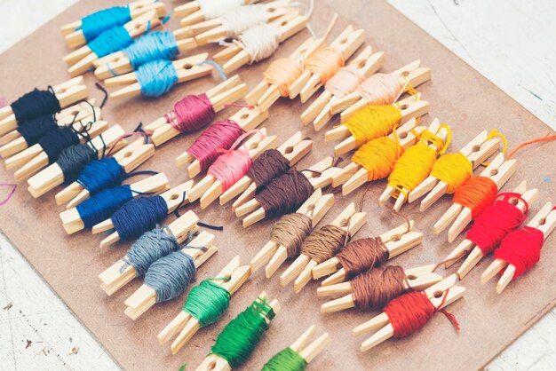 Embroidery threads and tools arranged